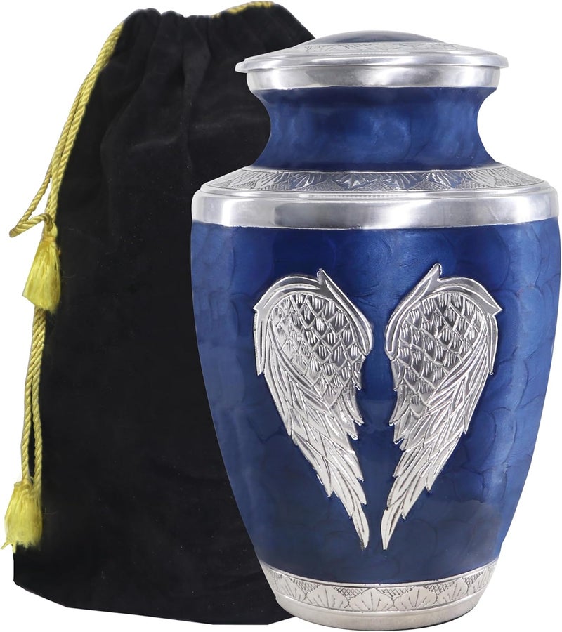M MEILINXU Urns for Human Ashes Adult Man & Women, Cremation Urn for Ashes Adult Male & Female, Burial Urn, Decorative Urns for Funeral, Silver Engraved Angel Wings, Dark Blue and Silvery - Large - Image 1